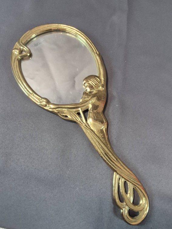 Brass Handheld Mirror with Art Nouveau Style Made in Italy