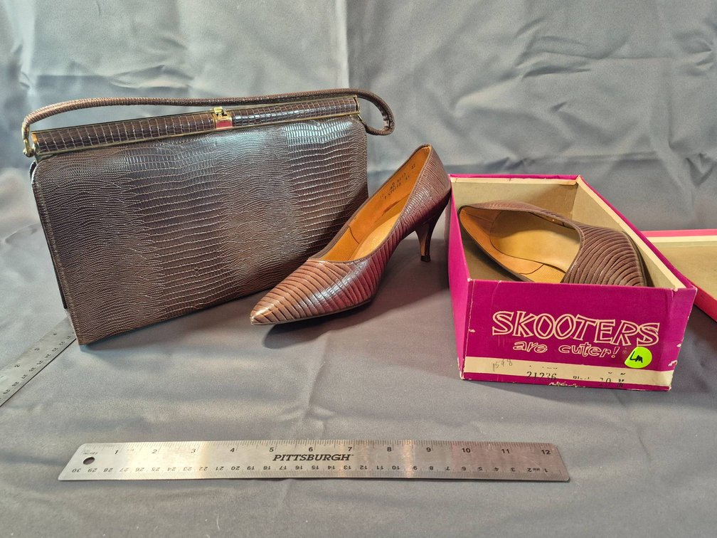 Brown Crocodile-Style Women's Handbag and Miss Wonderful Shoes in Original Box
