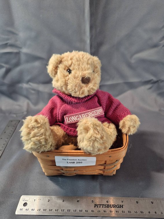 Longaberger Handwoven Basket with Bear in Sweater, Lot #280