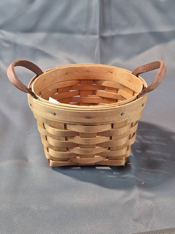Small Woven Wood Basket with Leather Handles