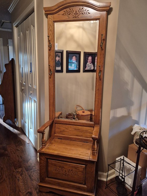 Solid Oak Hall Tree with Mirror, Storage, and Brass Hooks