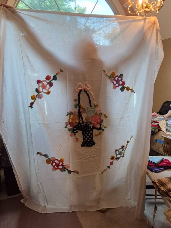 Hand-Made Tablecloth with Floral Basket Design
