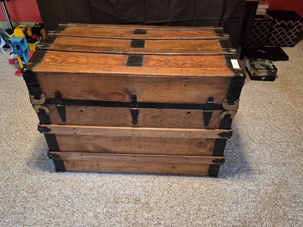 Wooden Trunk with Metal Reinforcements and Brass Accents