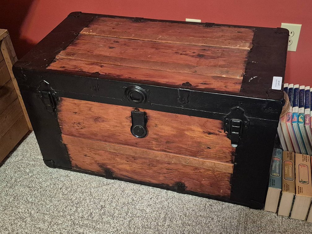 Wooden and Metal-Bound Storage Trunk with Removable Tray