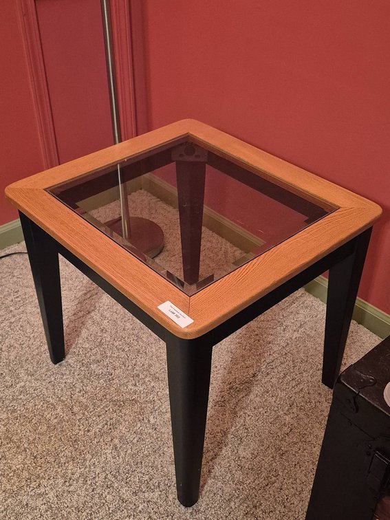 Square Glass-Top Accent Table with Wooden Frame and Black Legs