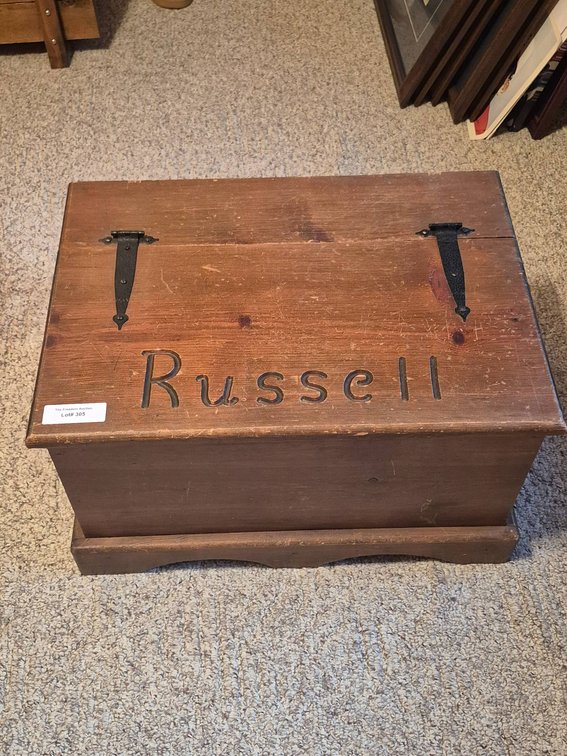 Wooden Storage Chest With 'Russell' Inscription