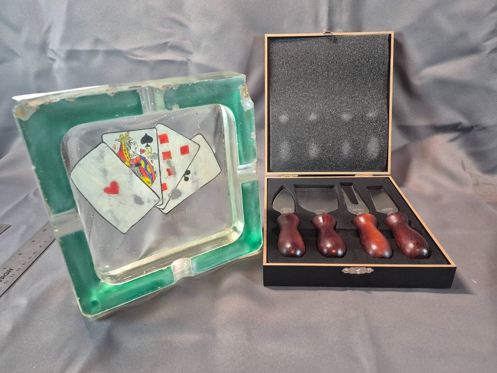 Glass Paperweight With Playing Card Design and Club Wyndham Cheese Knife Set