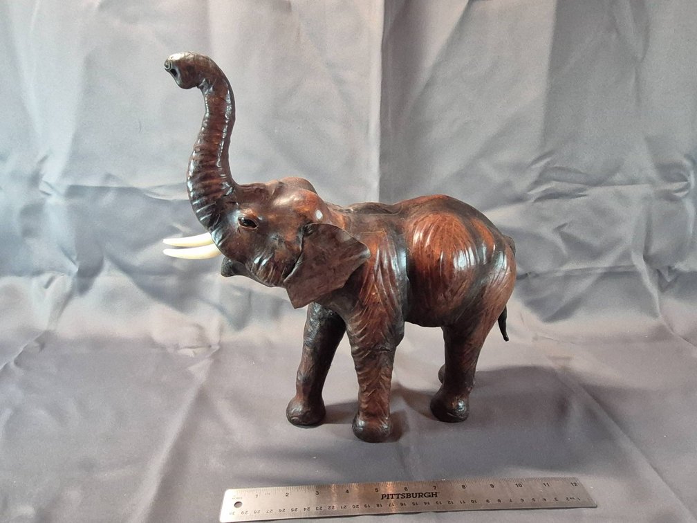 Leather Elephant Sculpture With Raised Trunk
