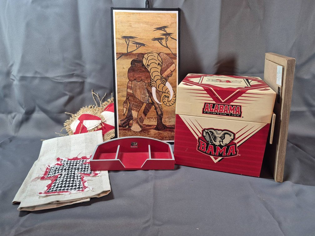 Lot Featuring Alabama Crimson Tide Memorabilia and Elephant Artwork