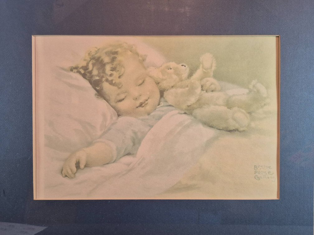 Framed Print of Sleeping Child with Teddy Bear