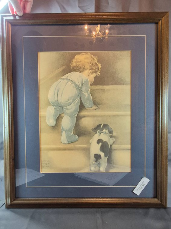 Framed Peggy Lease Print of Child and Dog Climbing Stairs