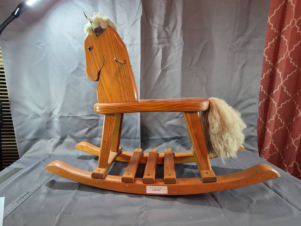 Handcrafted Wooden Rocking Horse with Natural Fiber Mane and Tail
