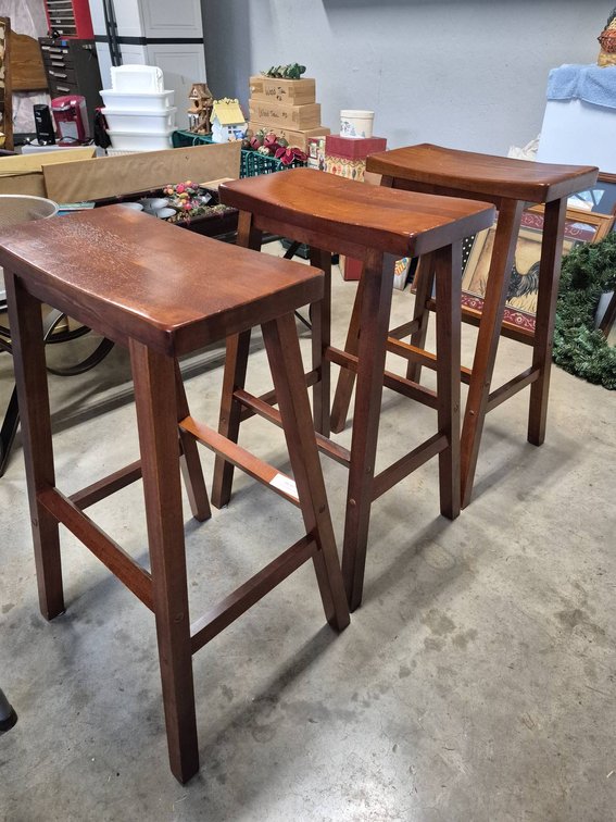 Three Wooden Bar Stools with Rectangular Seats