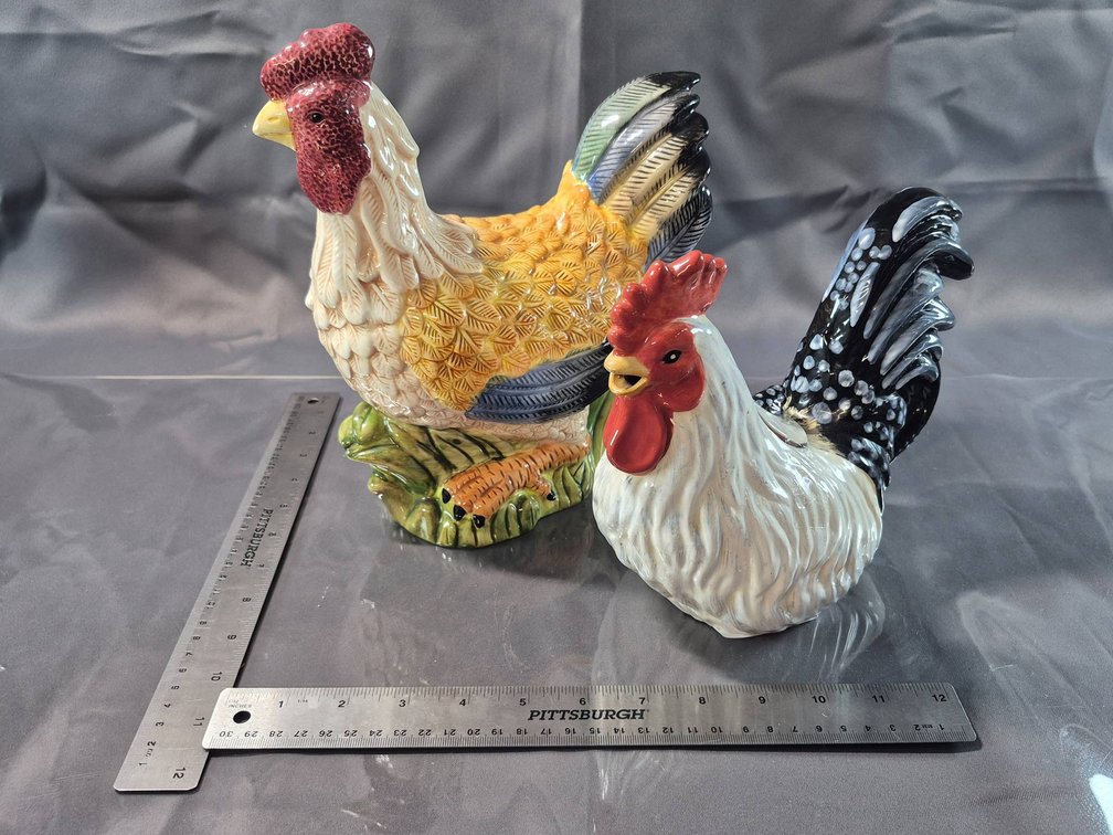 Two Ceramic Rooster Figurines by Isabelle de Borchgrave, 1999