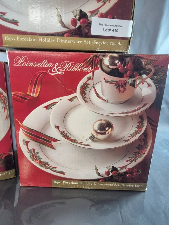 Three 16-Piece 'Poinsettia & Ribbons' Porcelain Holiday Place Settings