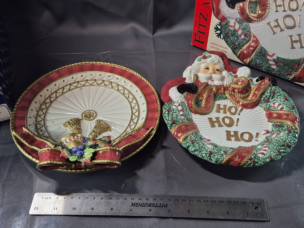 Fitz and Floyd Christmas Canape Plate Set - Deer and Santa Designs