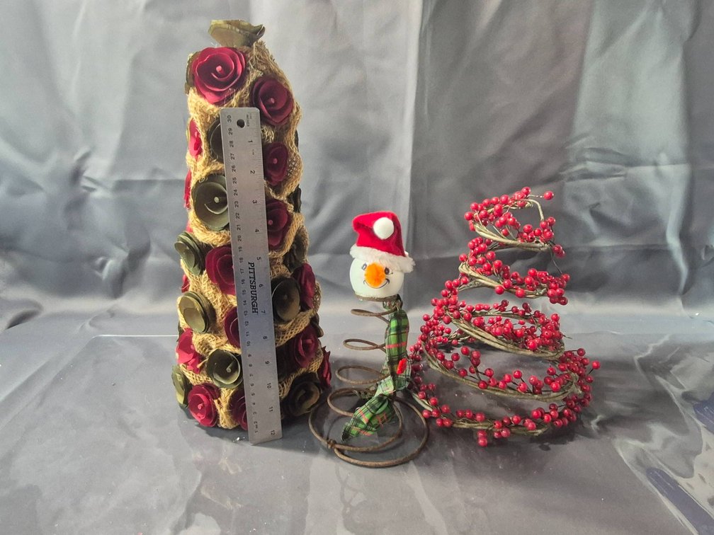 Decorative Holiday Trees and Snowman Ornament