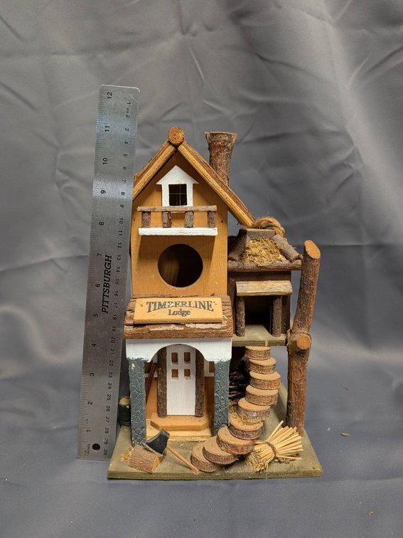 Rustic Wooden Birdhouse with 'Timberline Lodge' Sign