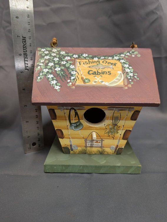 Hand-Painted Wooden Birdhouse Decor with Fishing Theme