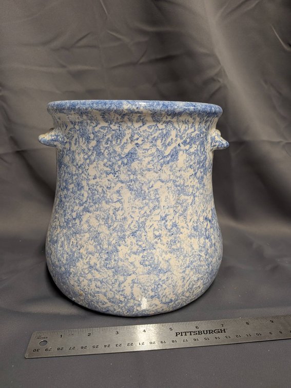 Blue and White Spongeware Pottery Jar with Handled Rim