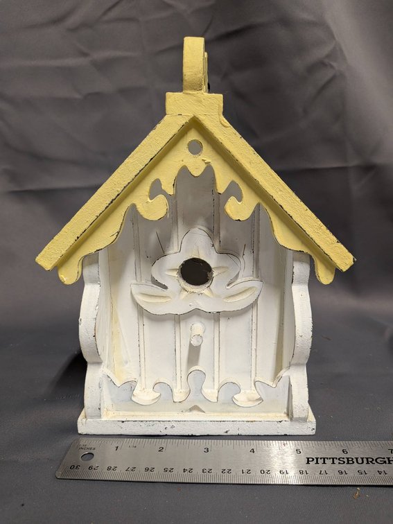 Decorative Wooden Birdhouse with Yellow Roof and Floral Design