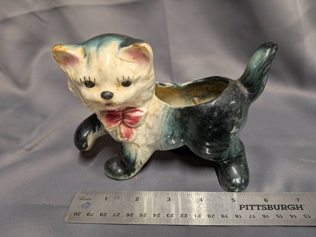 Ceramic Cat Planter with Bow, Blue and White Glaze