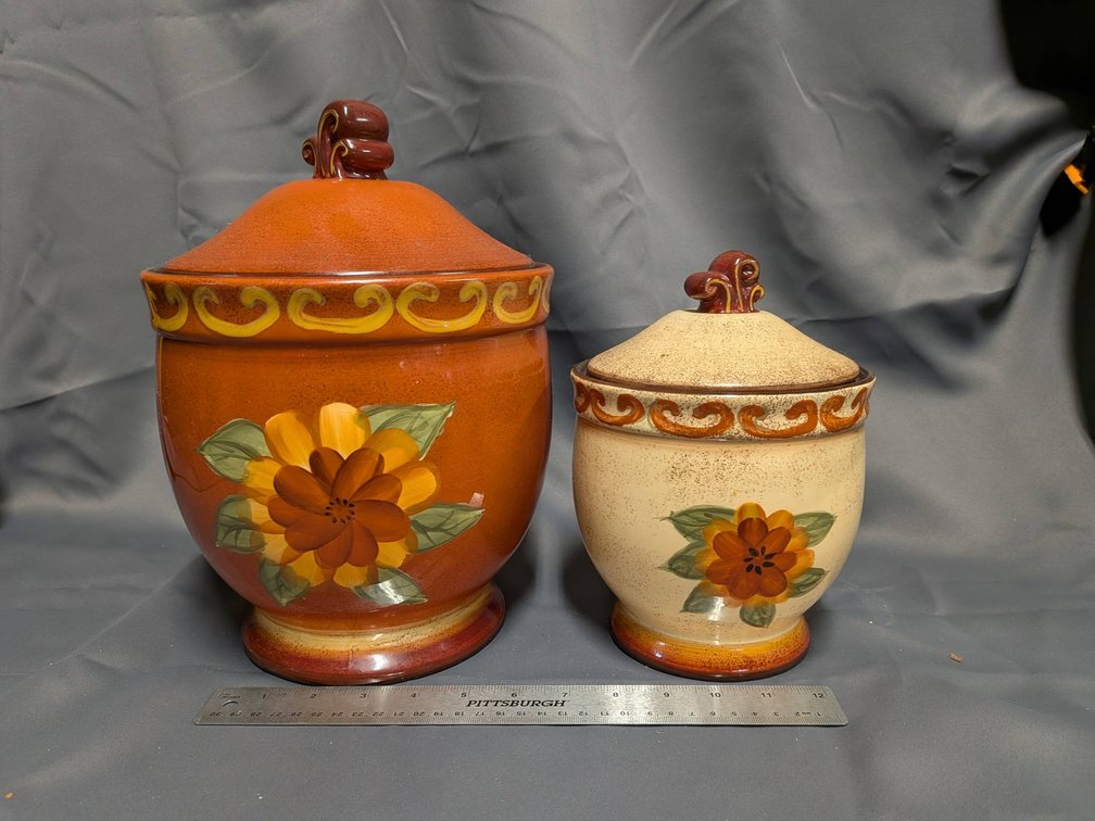 Hand-Painted Ceramic Lidded Canisters with Floral Motif