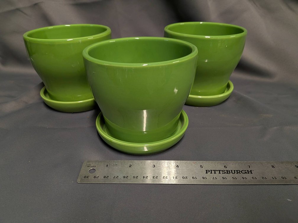 Three Green Ceramic Planters with Attached Saucers