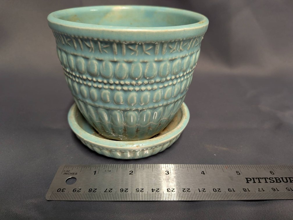 McCoy Pottery Teal Planter with Saucer, USA Marked
