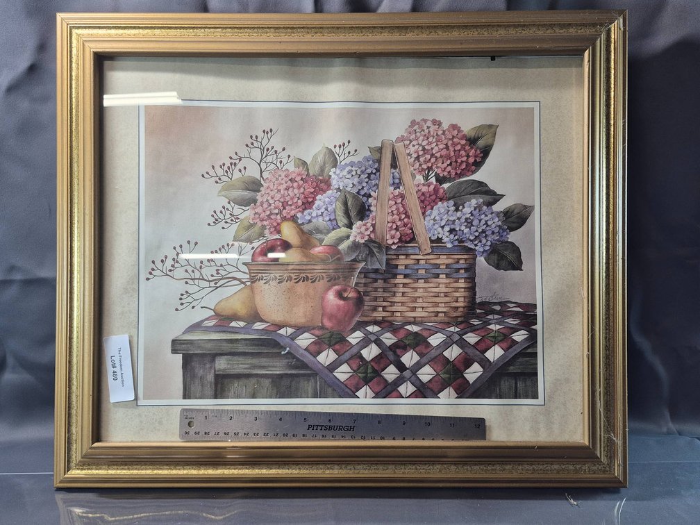Framed Still Life Print Featuring Basket, Fruit, and Flowers