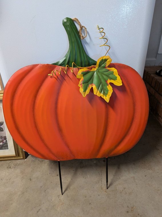 Metal Pumpkin Yard Decoration with Green Stem and Leaves