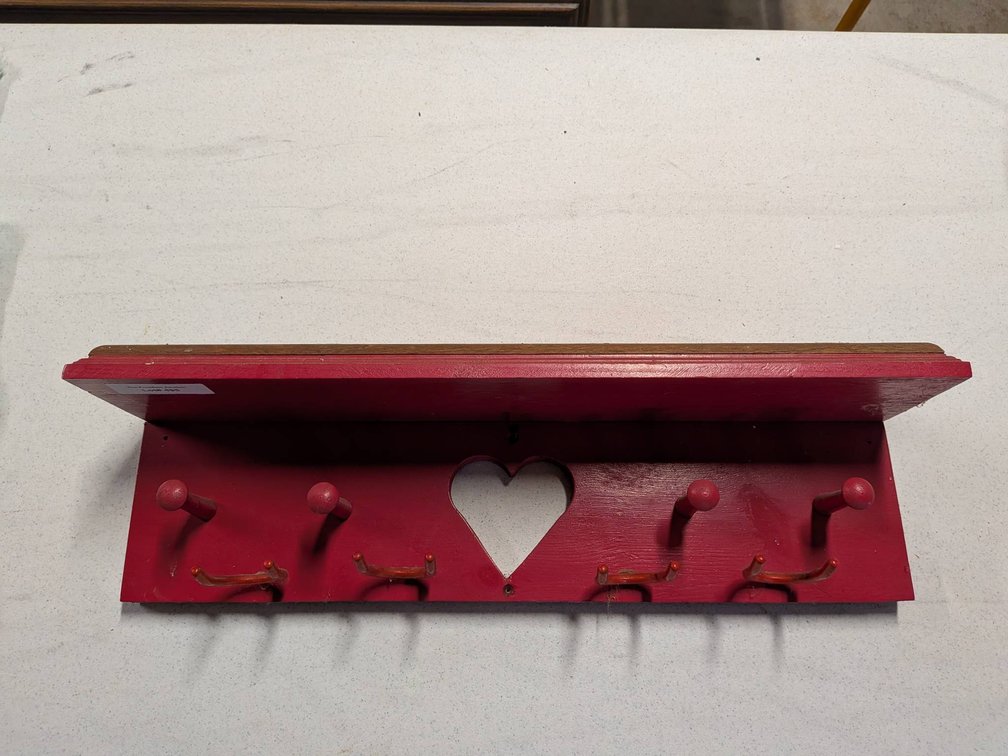 Red Wooden Wall Shelf With Heart Cutout and Peg Hooks
