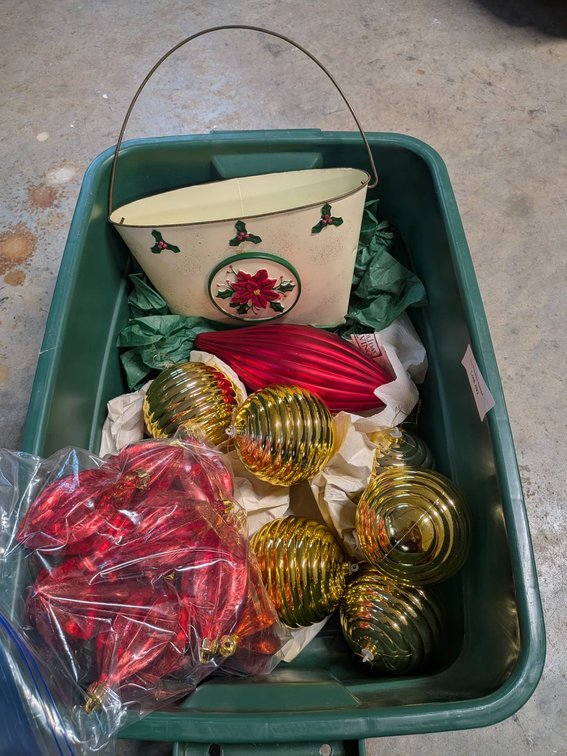 Christmas Decorations Including Ornaments and Tin