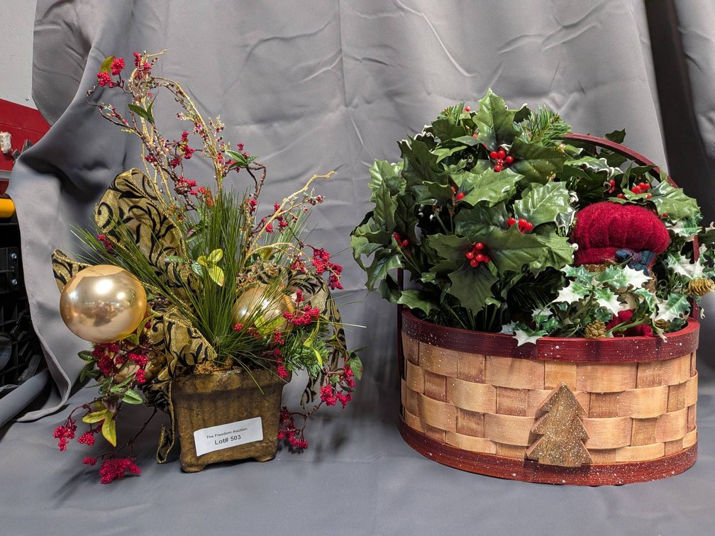 Holiday Floral Arrangements with Decorative Basket and Festive Accents