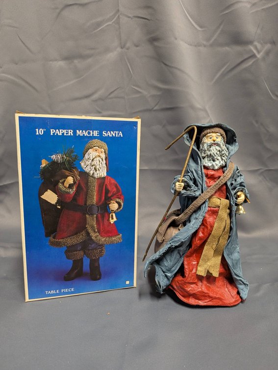 10-Inch Paper Mache Santa with Box, Table Piece