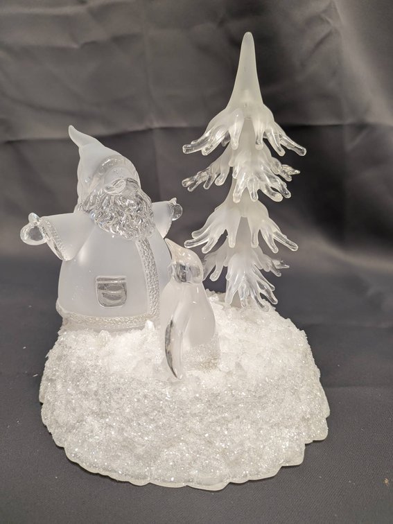 Frosted Glass Santa and Tree Figurine on Snowy Base