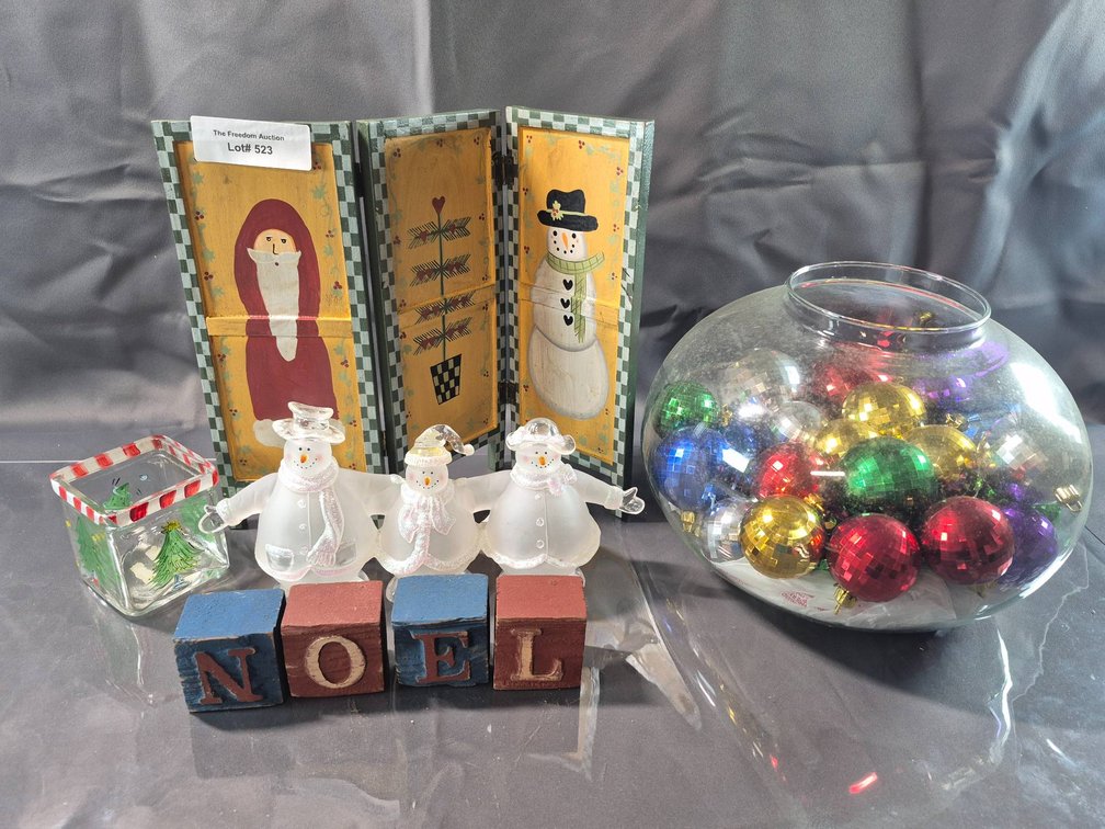 Christmas Decorations: Glass Snowmen, Ornaments, NOEL Blocks, and More