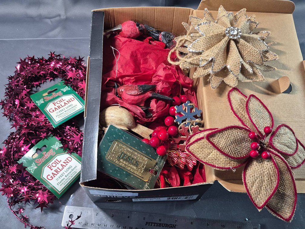 Christmas Decorations Including Ornaments, Garland, and Burlap Accents