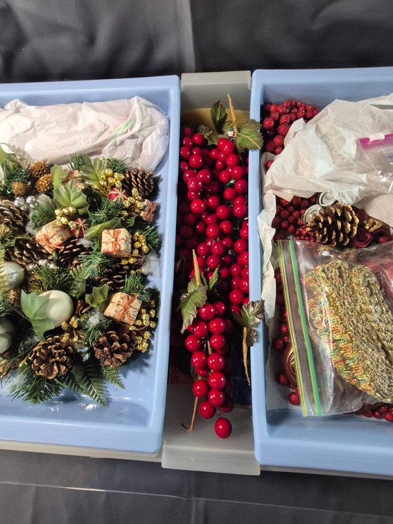 Holiday Decorations Including Ornaments, Pinecones, and Baubles