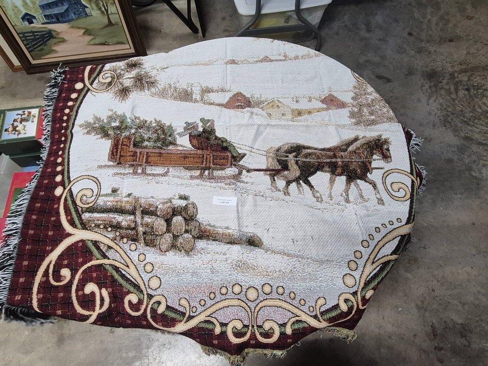 Woven Tapestry Throw with Horse-Drawn Sleigh Scene, 4'x4'