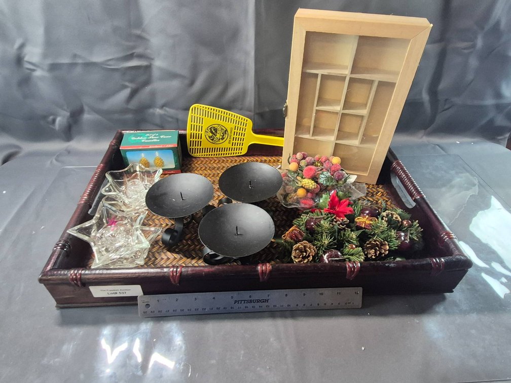 Decorative Items with Wooden Tray, Candle Holders, and More