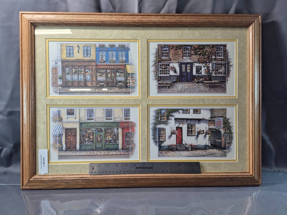 Framed Four-Panel Artwork Featuring European Streetscapes