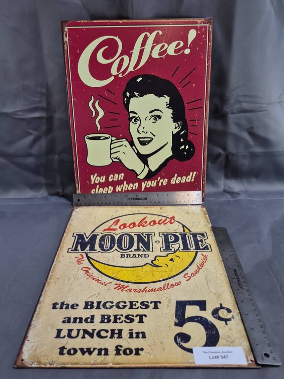 Two Retro Tin Advertising Signs: Coffee and Moon Pie