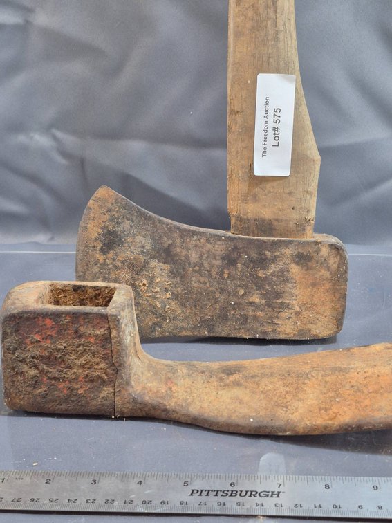 Two Rustic Axe Heads, One with Wooden Handle