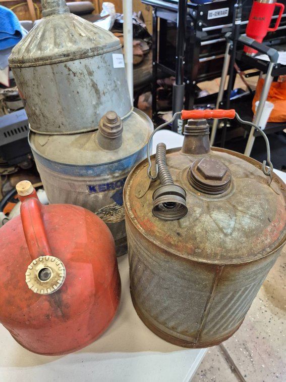 Three Vintage Metal and Plastic Fuel or Oil Cans