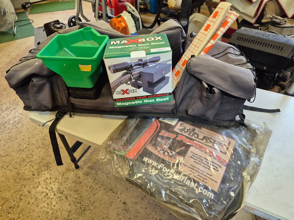Hunting and Shooting Lot With MaxBox Gun Rest, Moose Stealth Division Bag, and Accessories