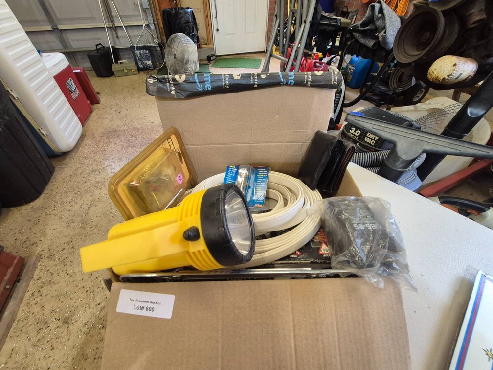 Box Lot with Flashlight, Foot Pump, Vinyl Strips, and Miscellaneous Accessories