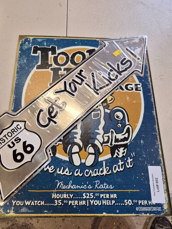 Metal Signs 'Get Your Kicks' Route 66 Arrow and 'Toolin' Hand Garage'