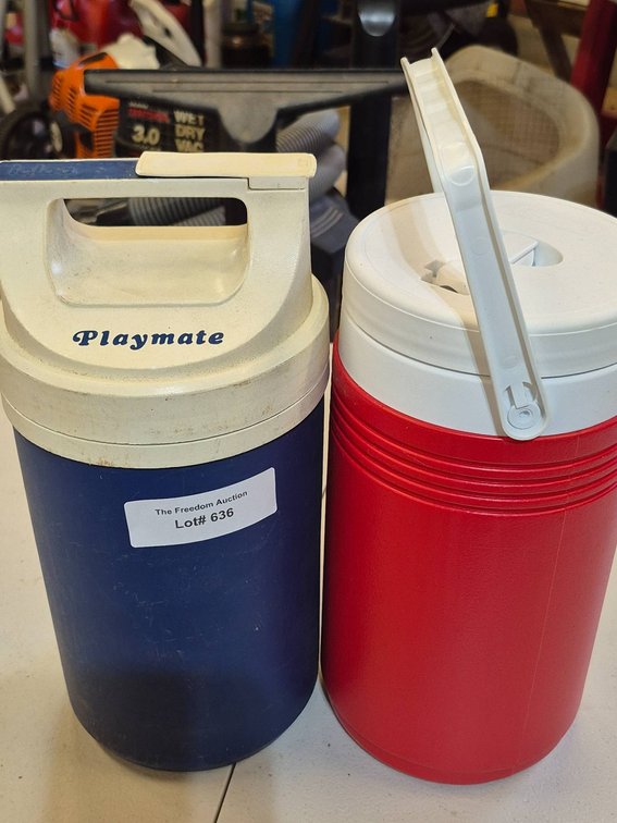 Two Vintage Plastic Thermos-Style Beverage Containers, Including Playmate
