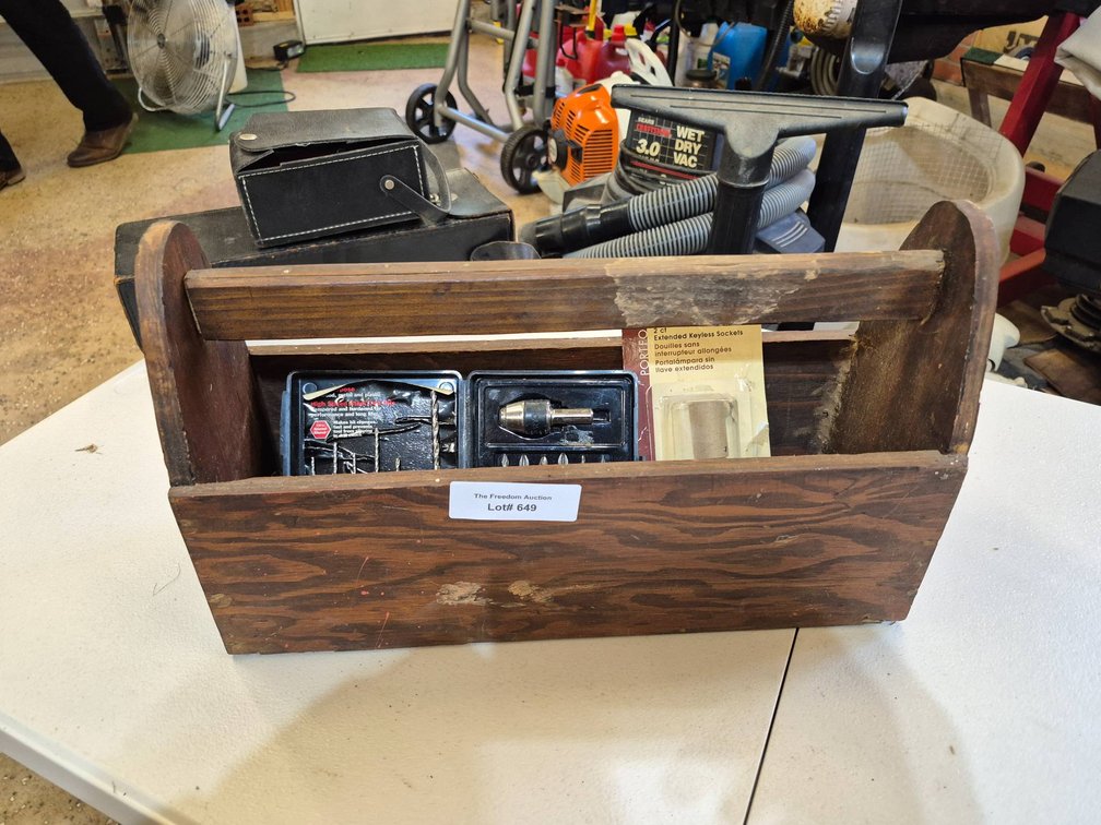 Wooden Tool Caddy with Assorted Drill Bits and Accessories
